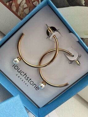 Touchstone Crystal Gold Hoop Earrings with White Pearl Accent